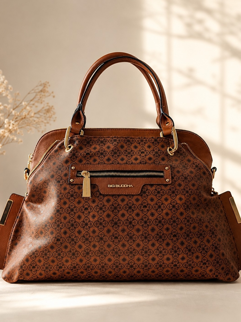 Big Buddha Cognac Logo-Print Satchel/Crossbody Monogram Equestrian Chic Boho